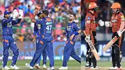 (L-R) LSG captain KL Rahul with team's players, SRH's Abhishek Sharma and Travis Head. (Getty)