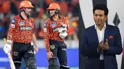 From Left: SRH's batting heroes Travis Head and Abhishek Sharma & batting great Sachin Tendulkar in this frame. (Getty)