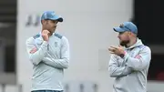 England's Test coach Brendon McCullum (right) and pace legend James Anderson in this frame. (Getty)