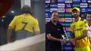 MS Dhoni in the dressing room; Ruturaj Gaikwad during post-match presentationl ceremony (Screengrab: X)