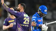 KKR's Varun Chakaravarthy (left) celebrates after dismissing MI skipper Hardik Pandya during their IPL 2024 clash on May 11. (Getty)