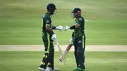 Pakistan batters Fakhar Zaman, left, and Mohammad Rizwan during 2nd T20I match against Ireland at Castle Avenue Cricket Ground in Dublin on May 12. (Getty)