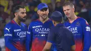 Virat Kohli, Faf du Plessis and Lockie Ferguson in a conversation with on-field umpire (Screengrab: X)