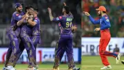 KKR players celebrate with each other (left) and RCB's superstar batter Virat Kohli in this frame. (Getty)