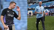 England T20I skipper Jos Buttler (left) and Manchester City manager Pep Guardiola in this frame. (Getty)