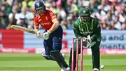 England's Jos Buttler (left) bats during the second T20I against England at Edgbaston on May 25. (Getty)