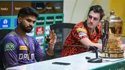 KKR skipper Shreyas Iyer (left) and SRH captain Pat Cummins during pre-match press conference ahead of KKR vs SRH's IPL 2024 final. (Getty)