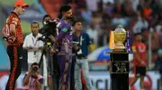 SRH captain Pat Cummins (left) and KKR skipper Shreyas Iyer along with IPL 2024 trophy in this frame. (X)