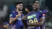 Andre Russell celebrates a wicket with Shreyas Iyer and Harshit Rana (Getty Images)