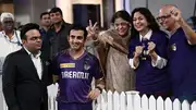 Bollywood actress Juhi Chawla (2R) along with her family members pose next to Jay Shah (L), BCCI secretary Jay Shah and KKR mentor Gautam Gambhir (C) at the end of the IPL 2024 final against Sunrisers Hyderabad. (Getty)