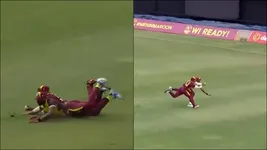 WATCH: Two West Indies players dive together to take Gerald Coetzee's catch; effort leaves bowler smiling