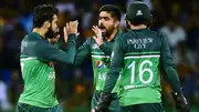 Pakistan's captain Babar Azam (C) and Shadab Khan (L) celebrate after taking the wicket of Sri Lanka's Pathum Nissanka (not pictured) during the Asia Cup 2023 match on September 14. (Getty)