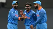 From left: India's Dinesh Karthik, Ravindra Jadeja, Virat Kohli in this frame. (Getty) 