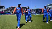 India skipper Rohit Sharma leads his side out during the T20 World Cup warm-up match against Bangladesh on June 1. (Getty)