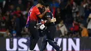 Aaron Jones celebrates USA's maiden T20 World Cup 2024 win with Harmeet Singh (Getty Images)