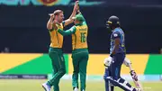 Anrich Nortje celebrates a wicket against Sri Lanka with Aiden Markram (Getty Images)