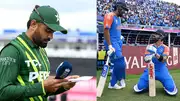 From left: Pakistan captain Babar Azam (left) and India's Rohit Sharma and Virat Kohli in this frame. (Getty)