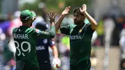 Pakistan's Haris Rauf celebrates with teammate Fakhar Zaman after taking the wicket of Andries Gous of USA during their T20 World Cup clash on June 6. (Getty)