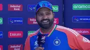 Rohit Sharma smiling during the post-match presentation (Screengrab: X)