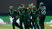 Pakistan's Shaheen Afridi of Pakistan celebrate with teammates after dismissing India's Rohit Sharma during their T20 World Cup on June 9. (Getty)