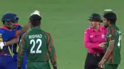 Players and umpires intervene as Rohit Paudel and Tanzim Hasan Sakib exchange words (Screengrab: X)