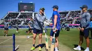 South Africa's David Miller speaks with Sybrand Engelbrecht of Netherlands prior to the T20 World Cup on June 8. (Getty)