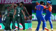 Left: Bangladesh players celebrate with each other. Right: India's Jasprit Bumrah and Virat Kohli in this frame. (Getty)