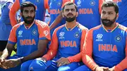 From left: India's Jasprit Bumrah, Virat Kohli and Rohit Sharma in this frame. (Getty)