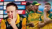 AB de Villiers during a press conference; Keshav Maharaj, Heinrich Klaasen and David Miller after T20 World Cup 2024 final loss (Getty Images)