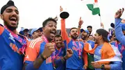 Virat Kohli holds up the trophy with teammates including Rohit Sharma after India won the T20 World Cup 2024 trophy on June 29. (Getty)