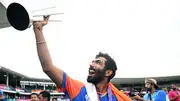 India's Jasprit Bumrah celebrates with the T20 World Cup 2024 trophy in this frame. (Getty)