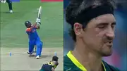 Mitchell Starc reacts after Rohit Sharma hits him for a six (Screengrab: X)