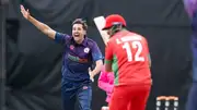 Charlie Cassell celebrates Zeeshan Maqsood's wicket (Photo Courtesy: Cricket Scotland)