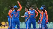 India's Renuka Singh (C) celebrates the wicket of Murshida Khatun (not in pictures) of Bangladesh with teammates during the Women's Asia Cup match on July 26. (Getty)