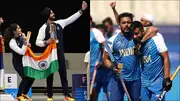 Manu Bhaker, Sarabjot Singh pose with the bronze medal, Harmanpreet Singh celebrates his goal (Getty Images)