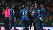 Sri Lanka's Wanindu Hasaranga (C) celebrates the wicket of K L Rahul (not in picture) of India with teammates during first ODI on August 2. (Getty)