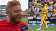 Jonny Bairstow during innings break interview; Joe Root bowling in the Hundred (Screengrab: X, Getty Images)