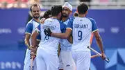 Indian players celebrate a goal against Great Britain at the Paris Olympics quarterfinal clash (Getty Images)