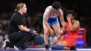 Nisha Dahiya reacts after getting injured during bout against Sol Gum Pak (Getty Images)