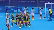 Thomas Craig of Team Australia celebrates scoring his team's first goal with teammates during the Men's Pool B match against India at Paris Olympics on August 2. (Getty)