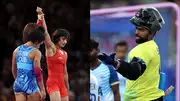 Vinesh Phogat after winning her semifinal; PR Sreejesh during the bronze medal match at the Paris Olympics 2024 (Getty Images)