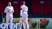 West Indies' Kraigg Brathwaite (right) gets bowled by Wiaan Mulder of South Africa during the day 1 of the 2nd Test. (Getty)