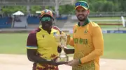 Rovman Powell and Aiden Markram pose with the trophy before second T20I (Photo Courtesy: West Indies Cricket, X)