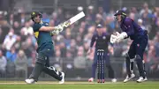 Australia batter Josh Inglis (left) hits out watched by wicketkeeper Charlie Tear during the 2nd Men's T20 between Scotland and Australia at The Grange Club on September 06, 2024 in Edinburgh, Scotland. (Getty)