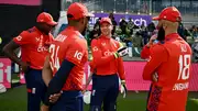 England captain Jos Buttler (centre) speaks with Chris Jordan and Moeen Ali (right) during the 2nd T20I match against Pakistan at Edgbaston on May 25, 2024 in Birmingham. (Getty)