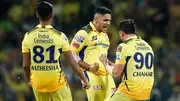 Tushar Deshpande celebrates a wicket with his CSK teammate Deepak Chahar and Matheesha Pathirana (Getty Images)