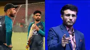 Shan Masood, Babar Azam during a training session; Sourav Ganguly speaking at an event (Getty Images)