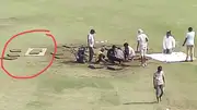 Groundstaff dig up the wet patch in the stadium (Photo Courtesy: Siddharth Viswanathan)