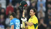 Travis Head of Australia celebrates after notching his century during first ODI against England at Trent Bridge on September 19. (Getty)