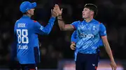 Harry Brook and Matthew Potts celebrate a wicket during 4th ODI against Australia (Getty Images)